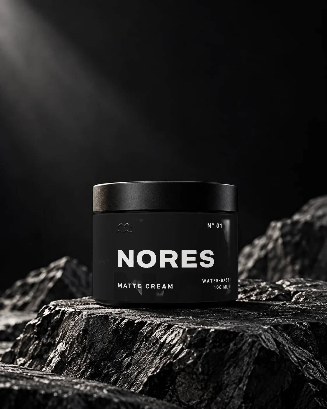 NORES N° 01 jar on dark rock under a beam of light